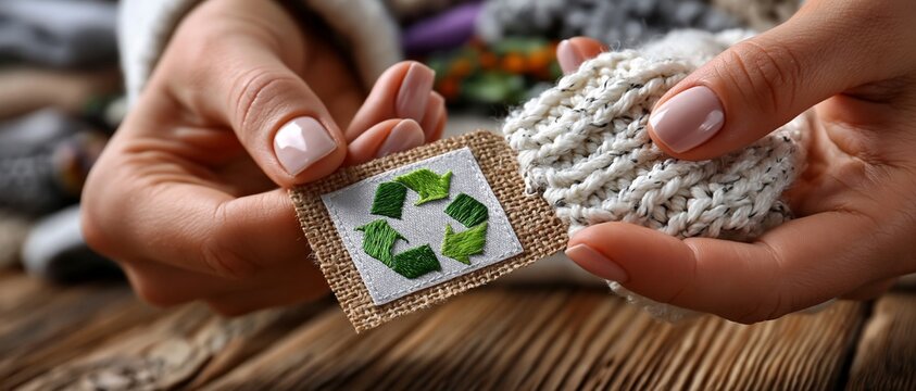 Close up of female hands holding a knitted item and a fabric patch with an embroidered green recycling symbol on a wooden.