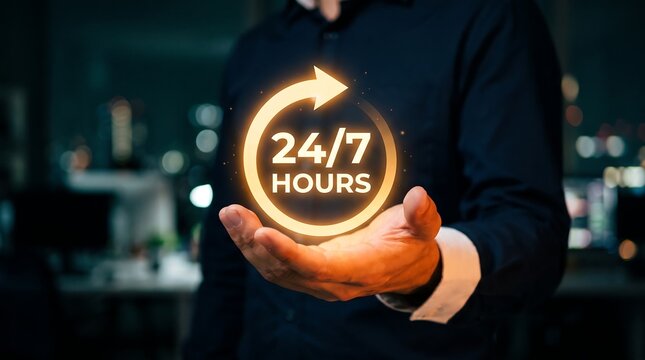 Business professional holding glowing 24/7 hours sign against blurred office background to signify continuous availability and client support services in corporate world