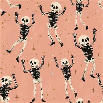 Cheerful Halloween celebration seamless pattern with dancing skeletons and golden stars on pink background