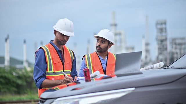 Engineers wearing safety gear, including hard hats examining survey tablet standing industrial facility gas or oil refinery engaged in a job requires high safety standards concept.	