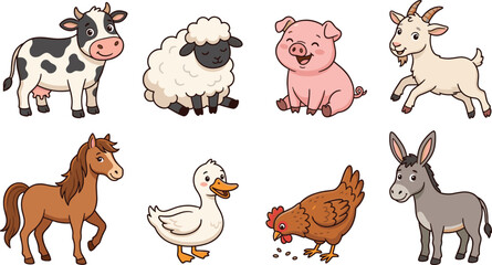 Fototapeta premium Cute farm animal cartoon collection featuring cow, sheep, pig, goat, horse, duck, chicken, and donkey