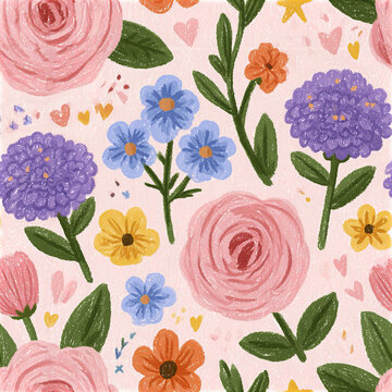 Cheerful nursery seamless pattern featuring crayon textured pink rose purple flower blue blossom and green leaf design