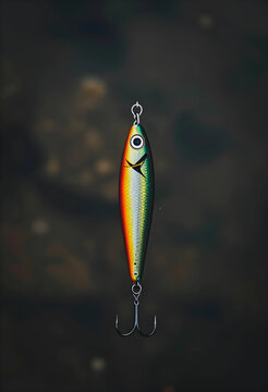 Fishing lure for sport and recreation, colorful metal bait with sharp treble hook for freshwater angling and predator fish catching in dark water