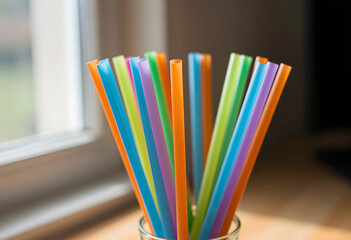 Naklejka premium Plastic pollution and environmental waste, colorful drinking straws in a glass cup single use consumer habits and ecological sustainability