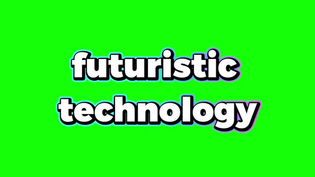 Futuristic technology text animated graphic design motion clip featuring bold white typography with subtle glowing purple and blue outlines centered against a vibrant high contrast solid green screen 