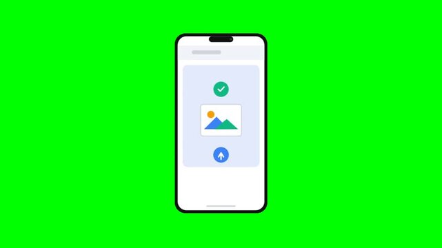 Mobile Smartphone Display Demonstrating Photo Gallery On Bright Green Background.