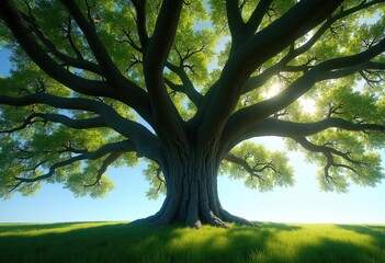 Fototapeta premium Majestic Ancient Oak Tree with Sprawling Branches and Lush Canopy under Bright Blue Sky