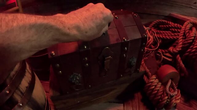 Treasure chest on ship's deck is opened. Point-of-view-shot.
