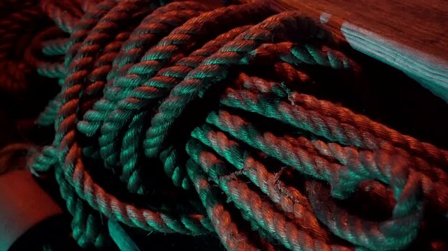 Coiled rope lays on a wooden deck lit by torchlight.
