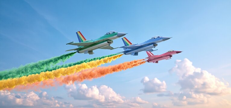 Vibrant smoke trails in green, yellow, and orange highlight sleek fighter jets performing a coordinated aerial display.