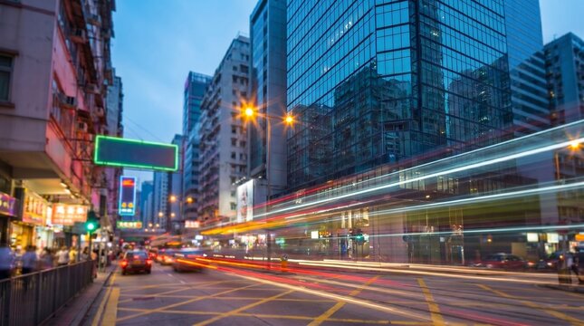 Urban cityscape at dusk with blurred motion of vehicles on a busy street, featuring modern skyscrapers and neon signs in a vibrant metropolitan area, for smart city and urban mobility concepts