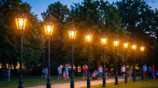 Row of illuminated vintage street lamps along a pathway in a park during twilight, with people walking and trees, for: urban park and public space content, evening walks and outdoor lifestyle visuals