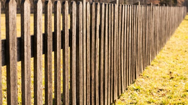 Wooden picket fence with vertical slats and gaps, casting shadows on a grassy field under natural sunlight, for: rural lifestyle and countryside content, property and real estate visuals, farm themes