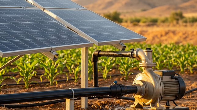Close-up of a solar-powered agricultural irrigation system, photovoltaic panels beside a water pump and irrigation pipes, rows of green crops in the background, sustainable farming concept