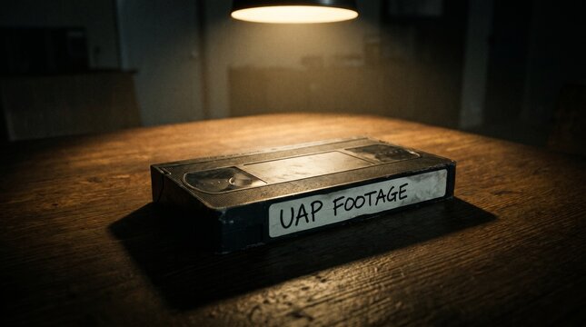 Vintage VHS tape labeled UAP Footage placed on a wooden table under a hanging lamp, concept of visual content for media, news, documentaries, science publications, UFO and UAP research