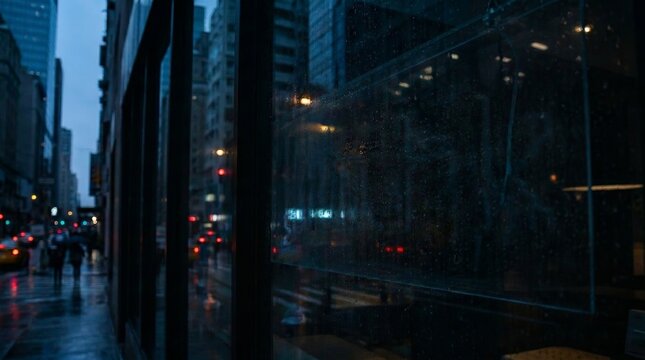 Urban street scene at dusk with reflections on glass windows, showcasing pedestrians walking and city lights, for urban lifestyle and city atmosphere content, nightlife and evening city themes