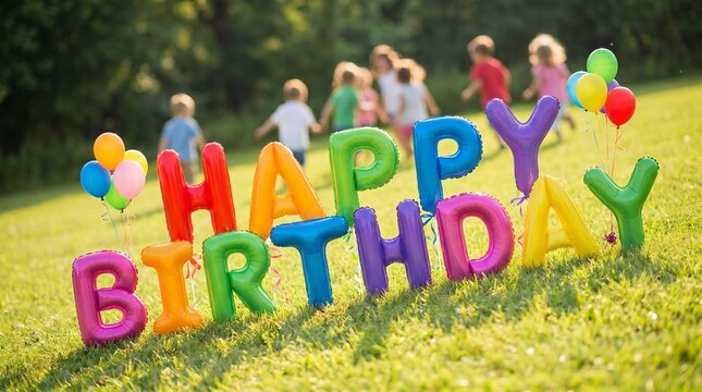 Colorful balloon letters spelling "HAPPY BIRTHDAY" in a grassy field, with children playing in the background, for birthday party and children's celebration content, kids' events and outdoor parties