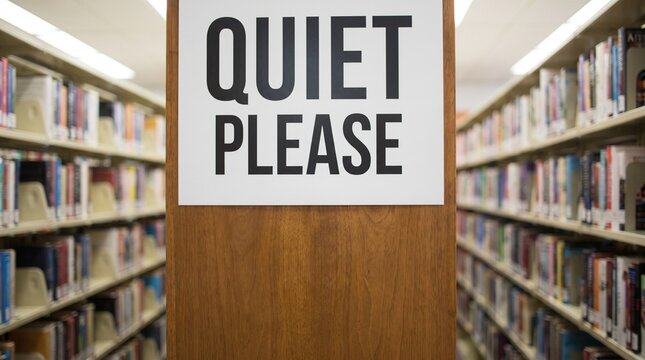 Sign reading "QUIET PLEASE" displayed prominently in a library, with rows of bookshelves filled with various books in the background, for library rules and etiquette, education and academic settings