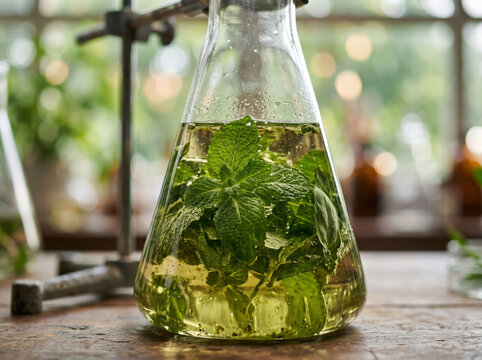 Botanical Plant Extract Infusion in Glass Laboratory Flask