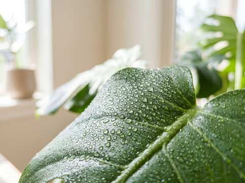 Water Droplets on Large Green Monstera Plant Leaf Indoors