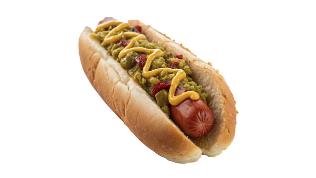Tasty American hot dog snack with mustard isolated on transparent background
