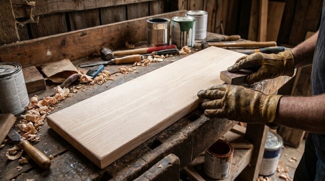 Woodworker in gloves sanding a smooth wooden plank on a workbench surrounded by tools, wood shavings, and paint cans, for woodworking content, DIY projects, artisan craftsmanship and handmade products