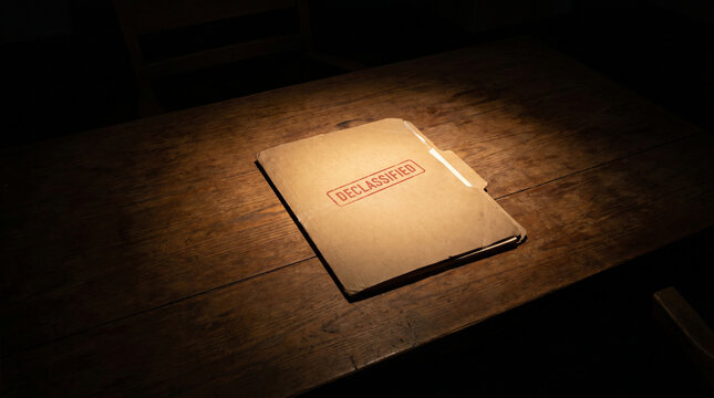 Declassified file folder placed on a wooden table illuminated by a spotlight, concept of visual content for media, news, documentaries, science publications, UFO and UAP research