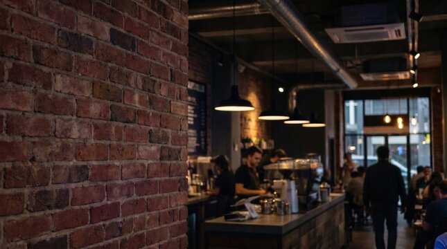 Modern coffee shop interior featuring exposed brick wall, wooden counter, barista preparing drinks, space for text, for cafe interior design and branding, barista and food service visuals