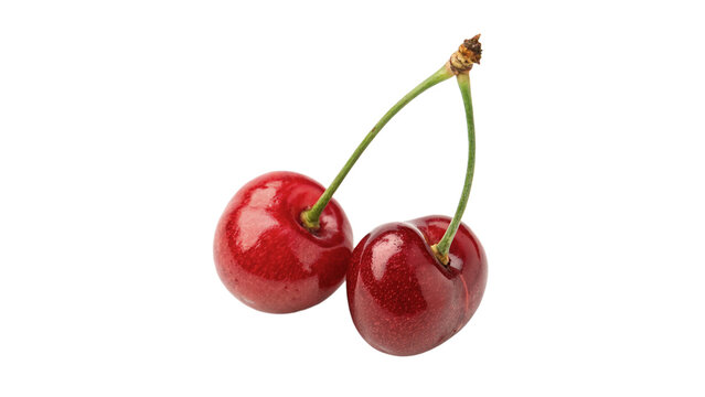 Two ripe red sweet cherries with stems isolated on transparent background