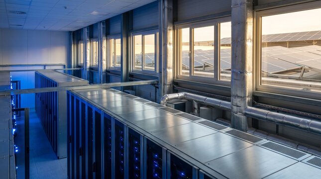 Modern data center infrastructure with rows of servers and rooftop photovoltaic panels subtly visible through large industrial windows, concept of renewable energy powering digital infrastructure