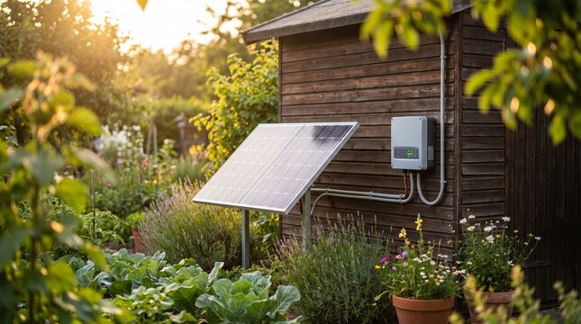 Solar panel installation on wooden shed in a lush garden, surrounded by plants and flowers, for home solar energy, sustainable gardening, renewable energy, eco-friendly living, self-sufficient homes