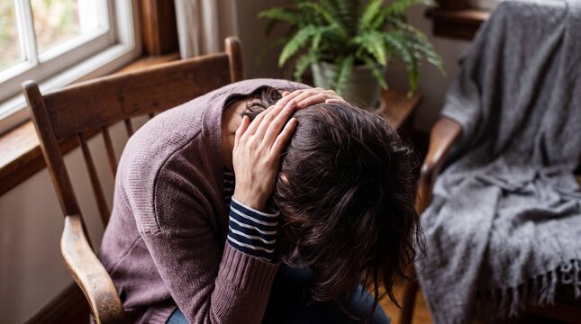 Woman sitting by window with head in hands looking distressed
