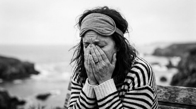Emotional black and white portrait of woman with hands covering face outdoors