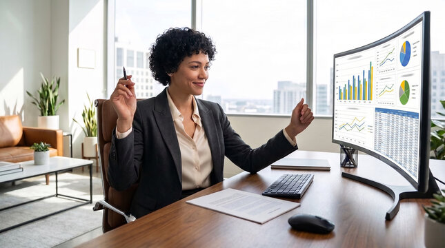 African American businesswoman in a suit analyzes data on a large monitor while seated at a modern desk, for business intelligence, data analysis, corporate strategy, financial analytics themes