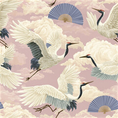 Fototapeta premium Flying crane bird with fan and cloud seamless pattern in dusty pink background, elegant and peaceful Asian style design