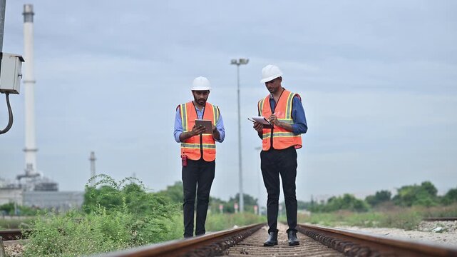 Portrait engineer under inspection and checking construction process railway switch and checking work on railroad station .Engineer wearing safety uniform and safety helmet in work.	