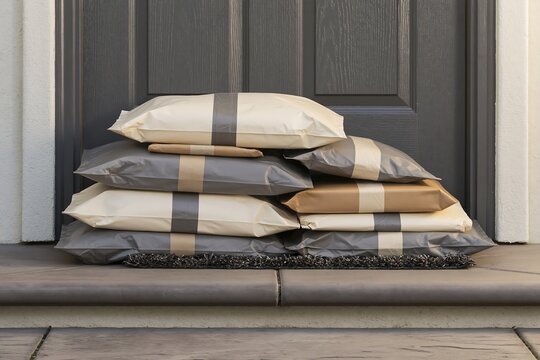 Stack of clothing parcels delivered to a front door, illustrating online fashion shopping, fast fashion consumption, home delivery and ecommerce overconsumption