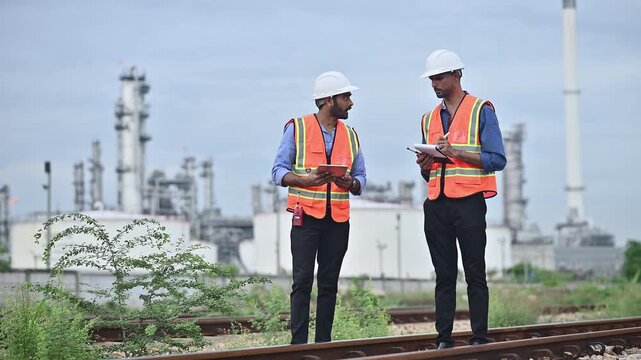 Portrait engineer under inspection and checking construction process railway switch and checking work on railroad station .Engineer wearing safety uniform and safety helmet in work.	