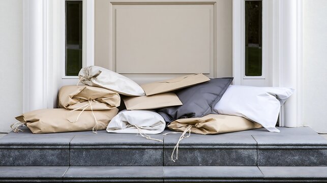Large pile of clothing parcels and packages inside a home, visualizing online shopping addiction, fast fashion overconsumption, delivery overload and textile waste