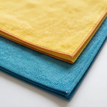 Cleaning and hygiene maintenance, yellow and blue microfiber cloths for household chores and professional janitorial services on a white background