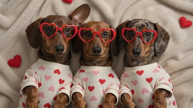Three Cute Dachshund Dogs Wearing Heart Shaped Glasses and Sweaters