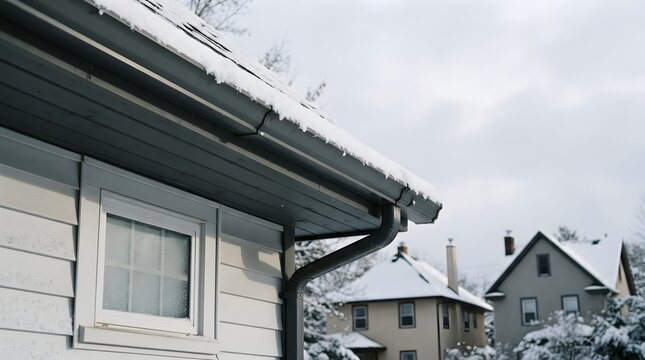 Winter Scene With Snow-Covered Roofs and Gutters on Houses