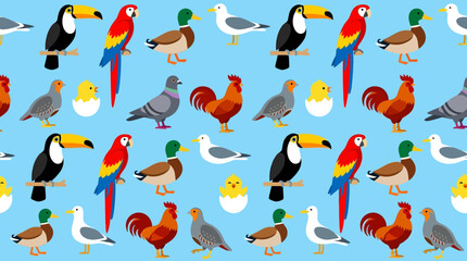 Naklejka premium Seamless Bird Pattern with Toucan Parrot Duck and Rooster on Blue Background