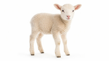 Fototapeta premium Small domestic lamb baby sheep standing fluffy white agriculture livestock isolated on transparent background cut out