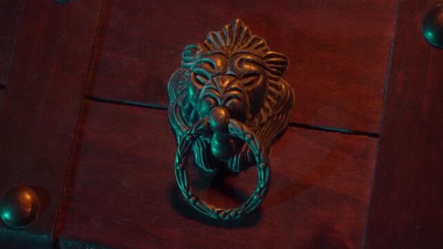 Close-up of lion ornament on pirate treasure chest. Torchlight flickers.