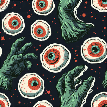Colorful Halloween horror seamless pattern with watchful eyeballs and creepy green zombie hands on dark background