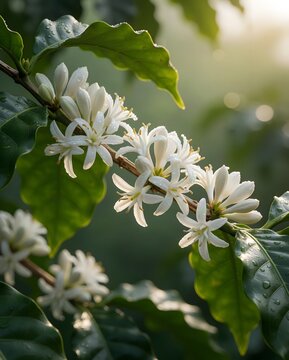 White Coffee Blossoms Blooming Among Green Leaves Before Harvest
