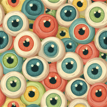 Colorful spooky eyeball seamless pattern with red, blue, green, and yellow eyes creating dense creepy texture