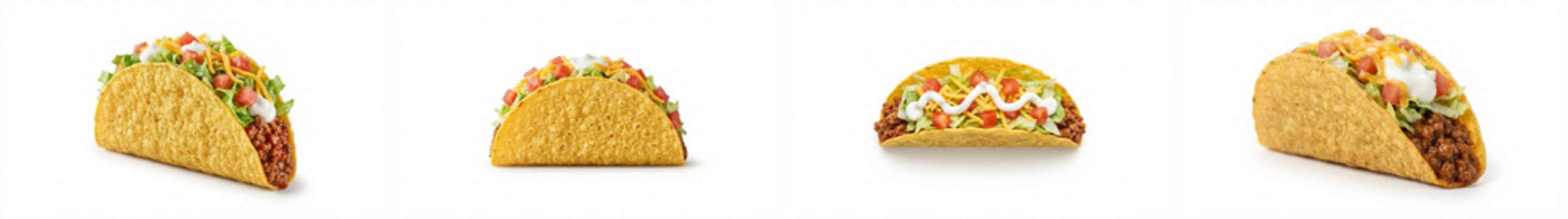 Crispy taco set isolated on white background featuring four crunchy beef shells filled with seasoned ground meat, shredded cheese, lettuce, tomatoes, and sour cream for menu design