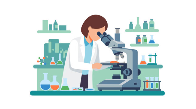 Female scientist using microscope in modern laboratory setting.